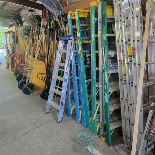 Ladders and supplies inside of Baker Allen Building Supply.