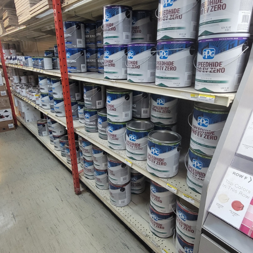 Paint and supplies inside of Baker Allen Building Supply.