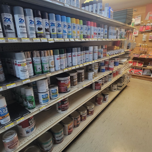 Spray paint and supplies inside of Baker Allen Building Supply.